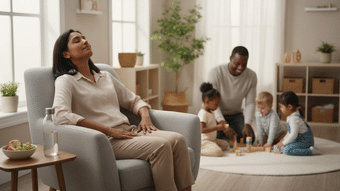 Woman sits on chair on left apparently burnt out from work while her family plays together on the right.